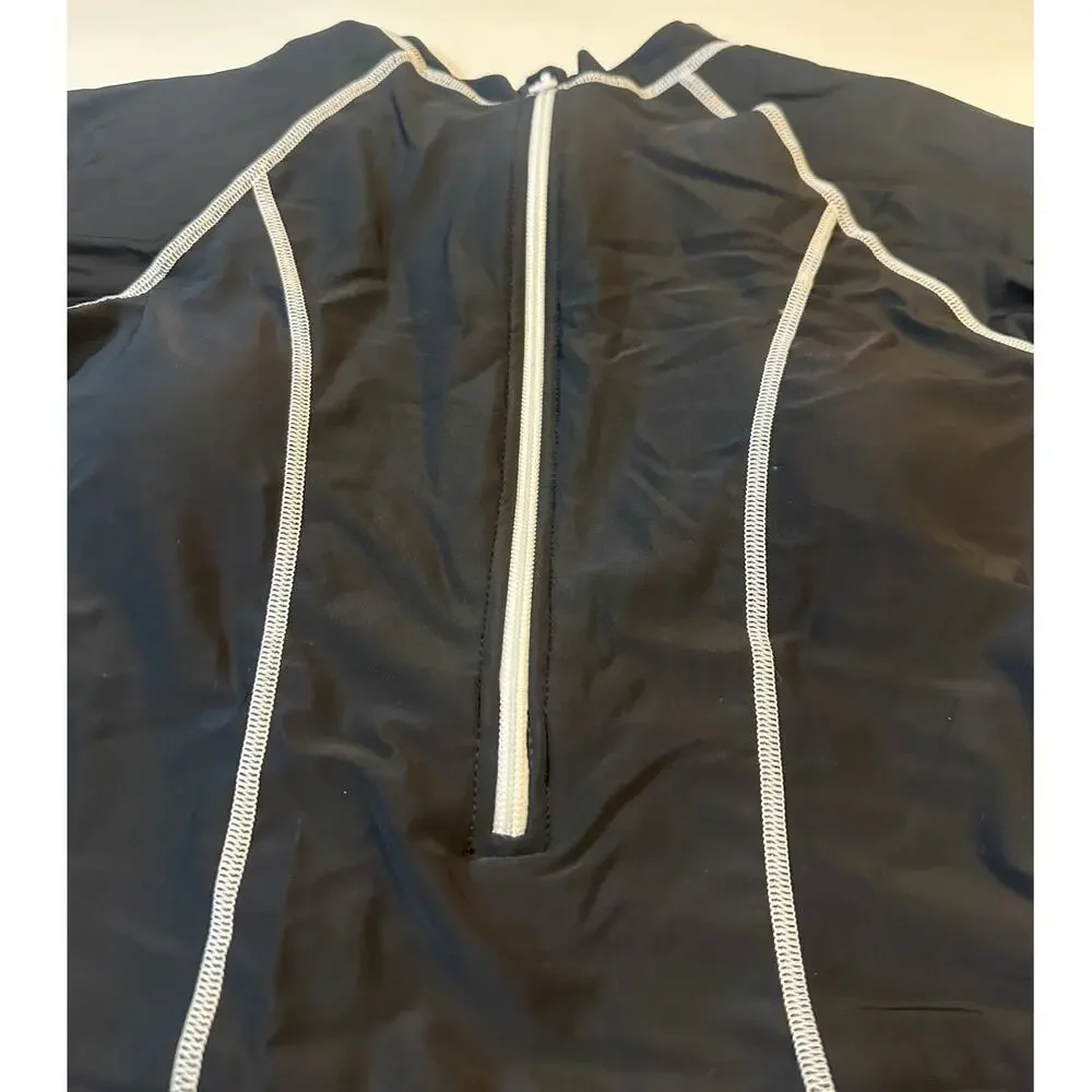 Women Swim Black Long Sleeve RashGuard One Piece Swim Dress Sz Large, Modest EUC